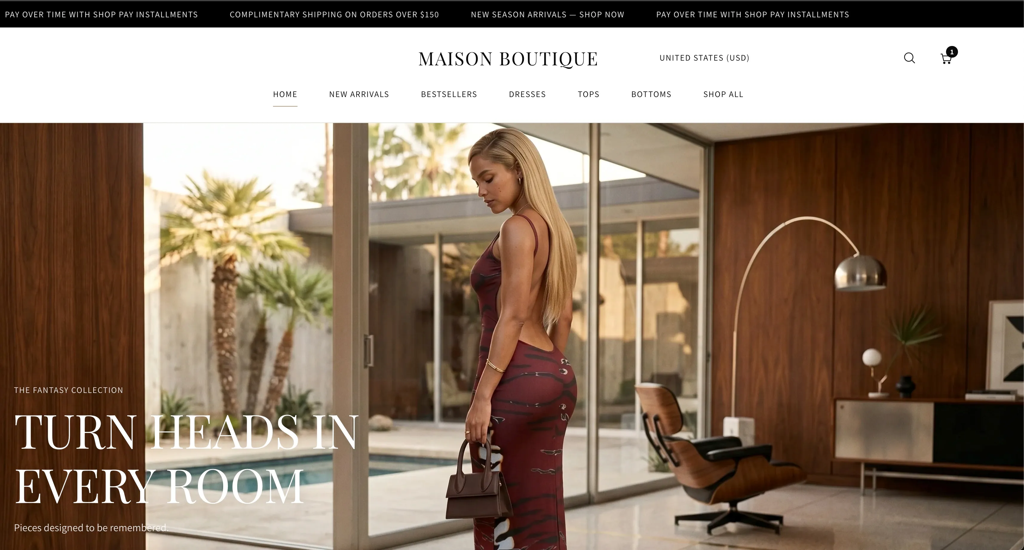 The Maison theme shown on a live Shopify storefront homepage